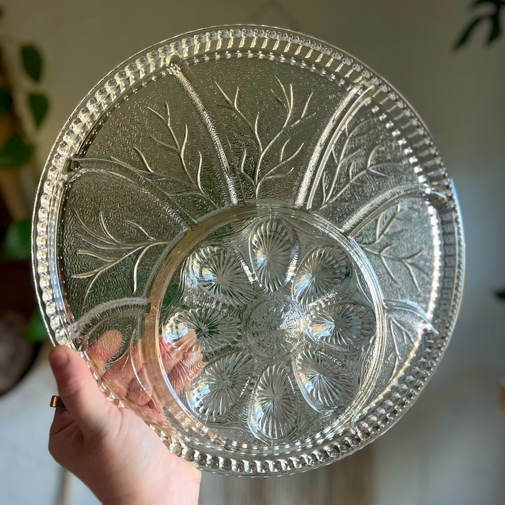 Vintage Indiana Glass Deviled Egg Platter – 12” Clear Divided Hors d’Oeuvre Tray
